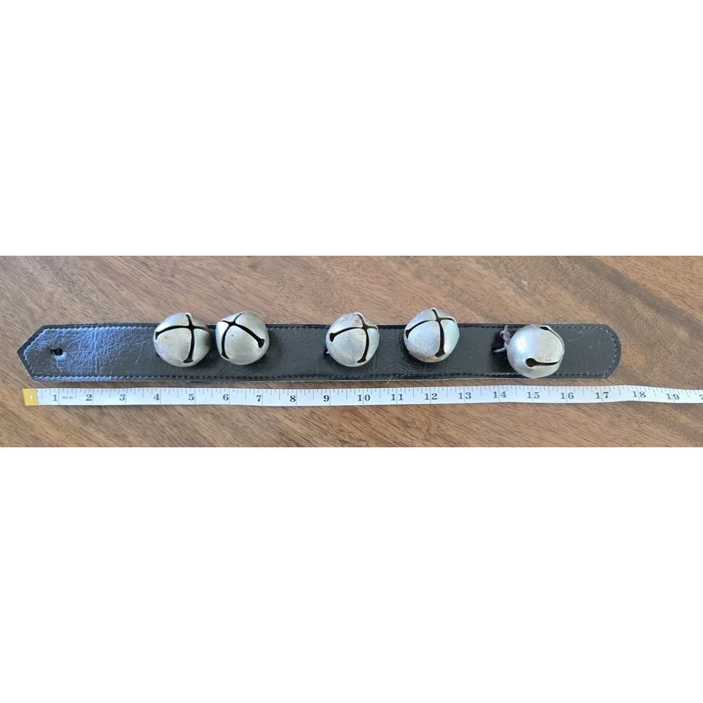 Vintage Five Silver Tone Sleigh Bells On Dark Brown Strap/Door Hanger Decoration